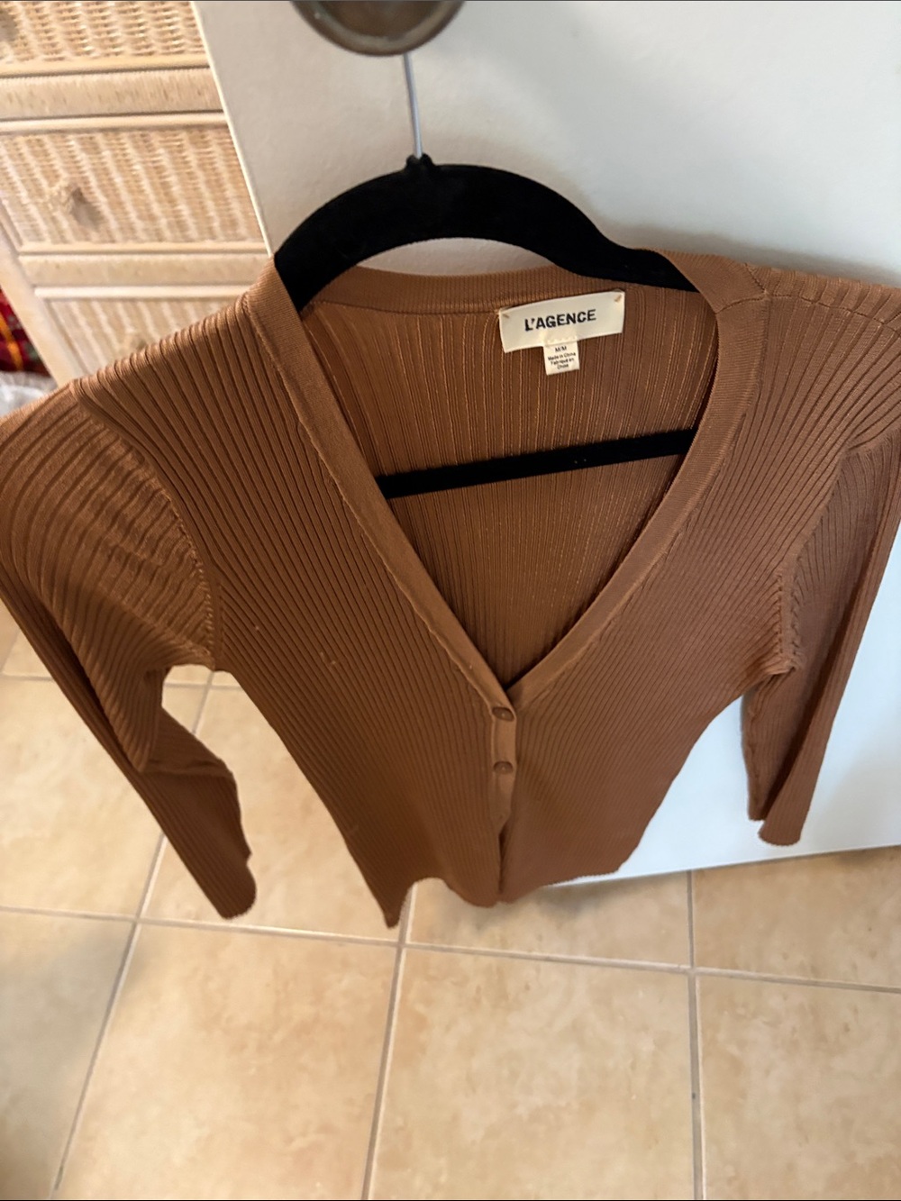 L'AGENCE Ribbed V-Neck Button Cardigan in Brown